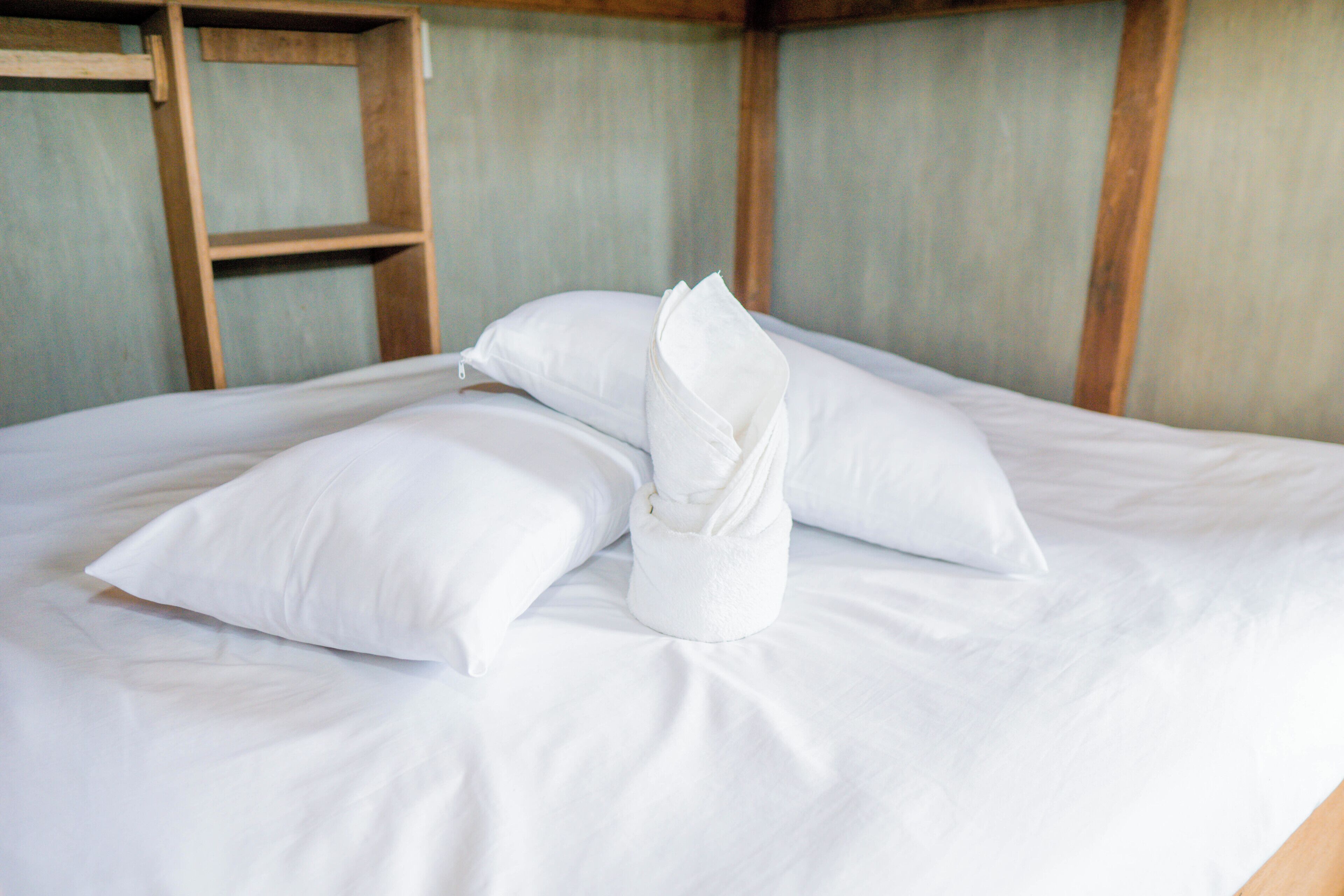 A neatly made bed with white linens and pillows, a wooden ladder, and a simple, unadorned wall.