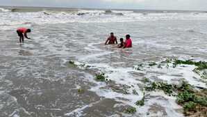 Une scène de plage avec des personnes dans l’eau et des vagues qui déferlent sur le rivage.