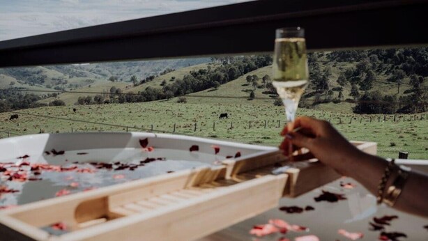 Vista de um vinhedo através de uma janela, com uma taça de vinho e uma bandeja de pétalas de rosa.