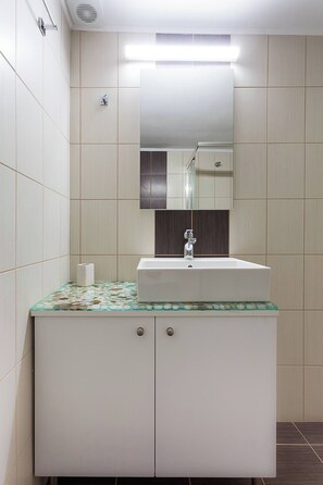 Hair dryer, towels, toilet paper