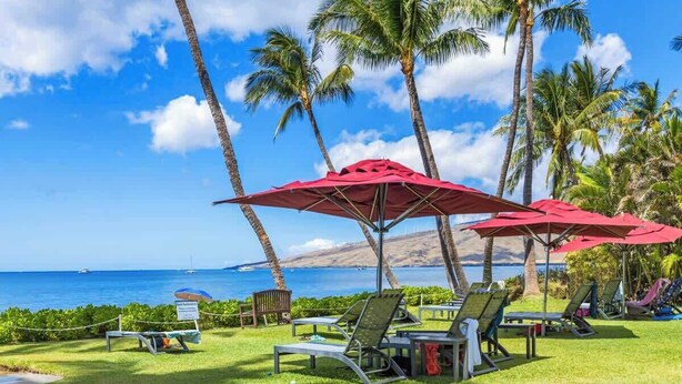 A beachside lounge area with sun loungers and red umbrellas, palm trees, and a view of the ocean. - Partial oceanview 1 bedroom condo, AC, 6 mile sandy beach (Kihei)