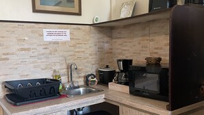 Coffee/tea maker, fridge, microwave, electric kettle