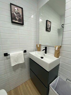 Hair dryer, towels, soap, toilet paper