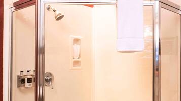 Shower, jetted bath, hair dryer, towels