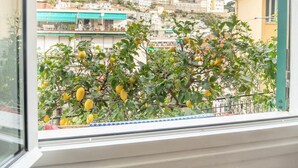 Un balcón con vistas a un paisaje urbano, incluyendo edificios y una colina con una estructura en forma de cúpula.