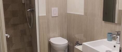 A modern bathroom with a shower, toilet, and sink.