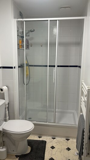 Shower, hair dryer, towels, soap