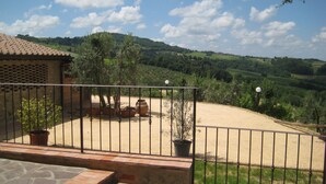 Un espace extérieur clos, agrémenté de plantes en pot et doté d’un escalier en pierre menant à une terrasse.