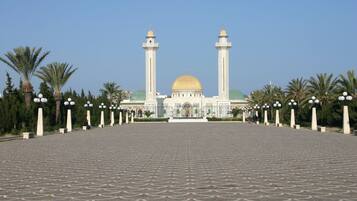 A large mosque with two tall minarets and a golden dome, surrounded by palm trees and a paved walkway.