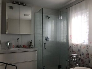 Hair dryer, towels, soap, shampoo