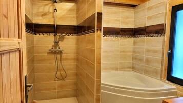 Hair dryer, bidet, towels, soap