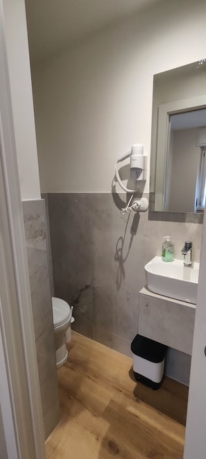 A bathroom with a toilet, a sink, a mirror, and a hairdryer mounted on the wall. - Vroom509 (Verona)