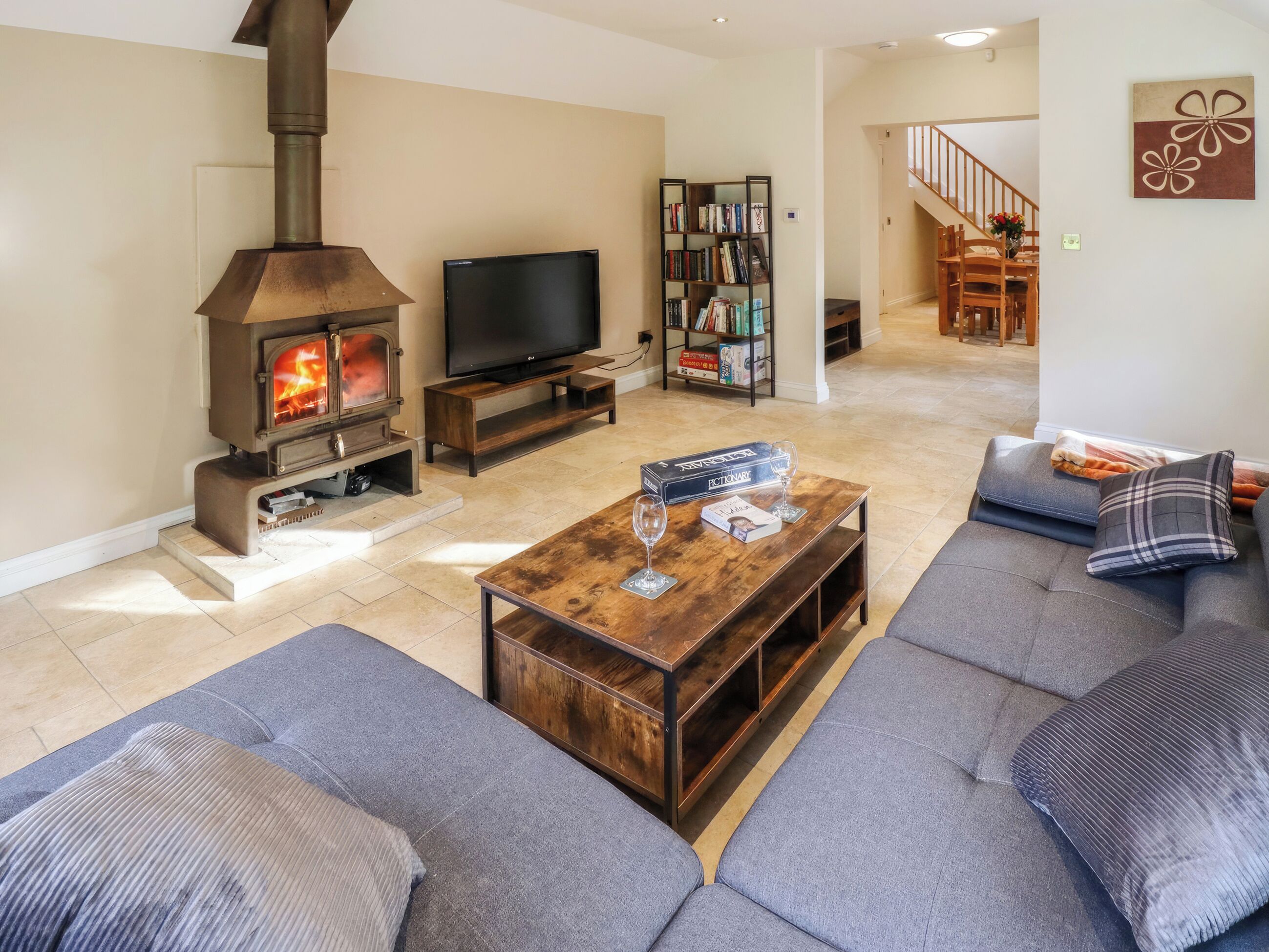 TV, fireplace