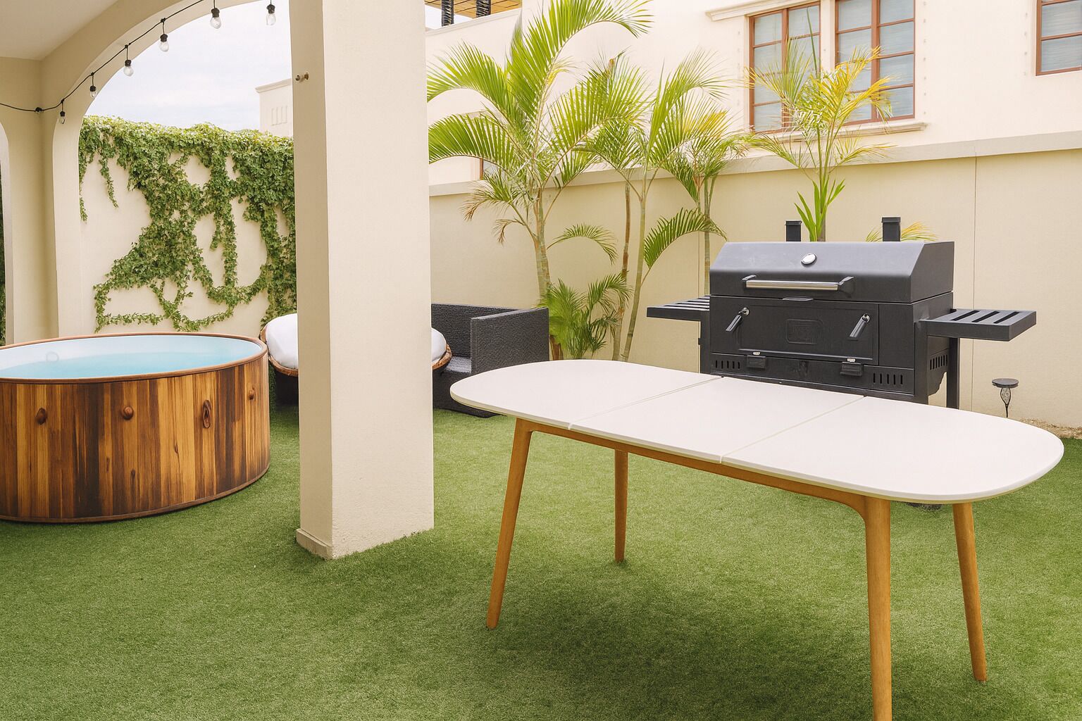 Un patio al aire libre con un jacuzzi de madera, una parrilla y una mesa sobre césped artificial.