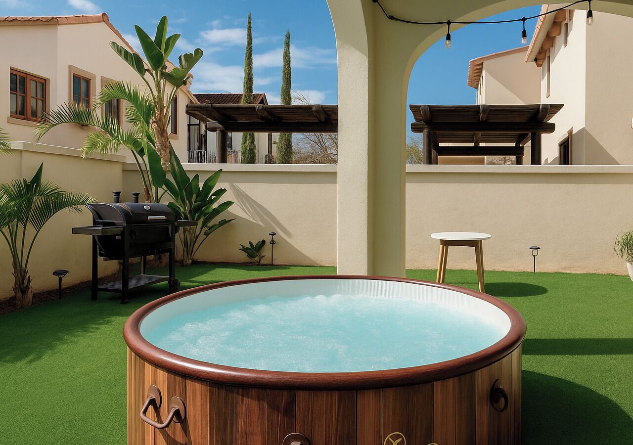 Un jacuzzi en un patio con césped artificial, una parrilla y una pérgola.