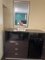 A kitchenette with a microwave, a small refrigerator, and a mirror above the counter.