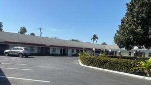 A motel with a parking lot, a row of rooms, and a large tree. - Tropical Palm Motel (North Fort Myers)