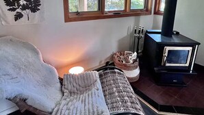 A cozy room with a bed, a fireplace, and a window overlooking a forest.