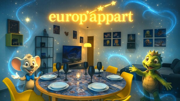 A dining area with a round table, chairs, and a television in the background. - Europ-Appart ~ {Europa-Park / Rulantica} (Huttenheim)
