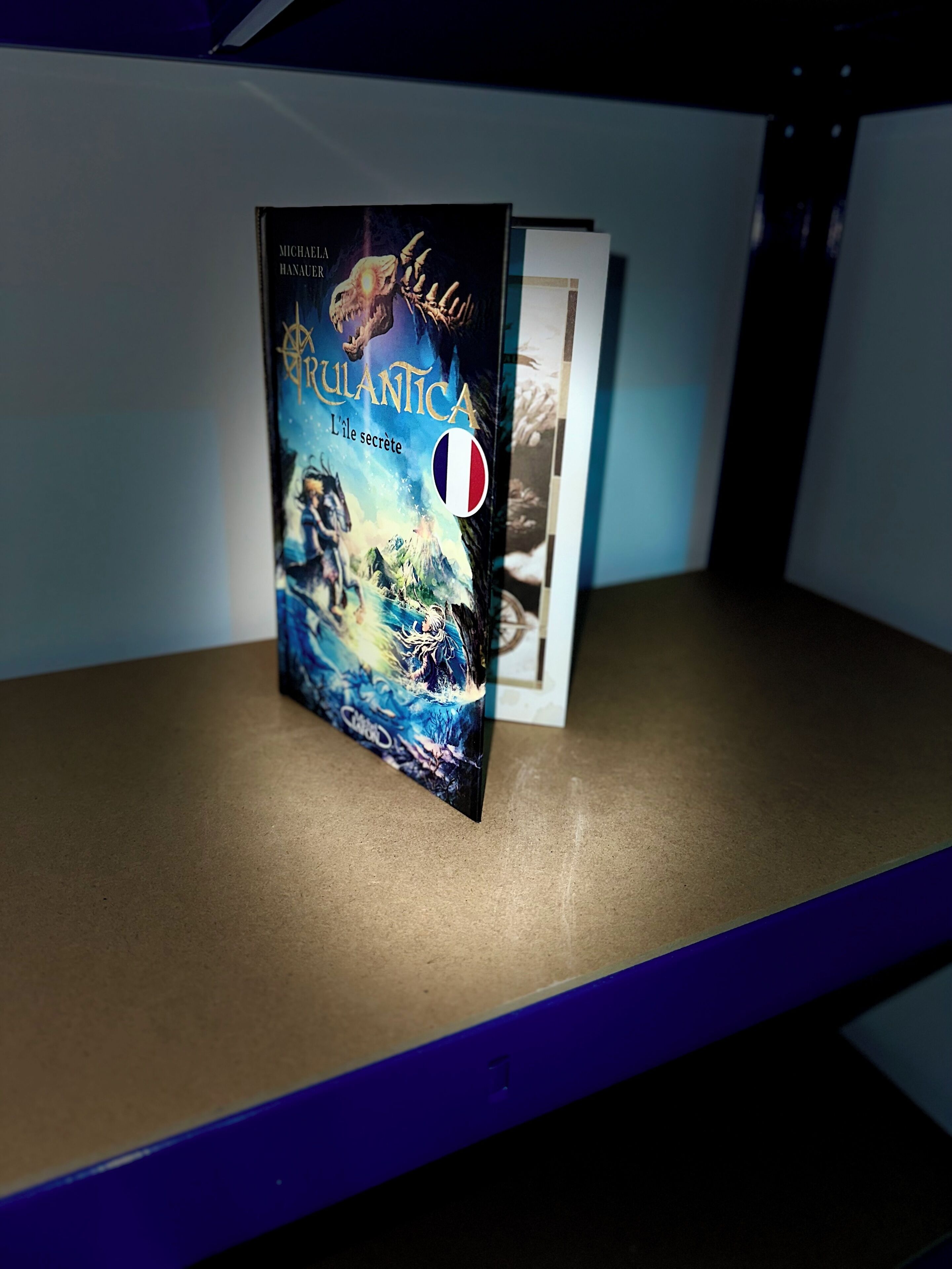Un livre intitulé « CRULANTICA » de Michael Hanauer est posé sur une étagère.