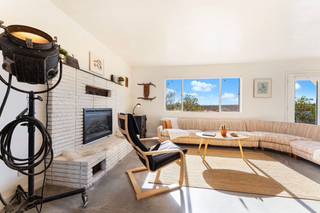 Smart TV, fireplace, books, music library