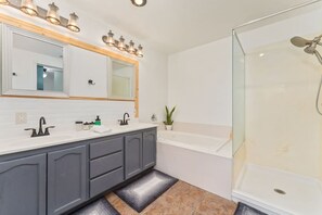 Hair dryer, towels, soap, shampoo