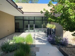 A modern building with large glass windows, a concrete pathway, and various plants.