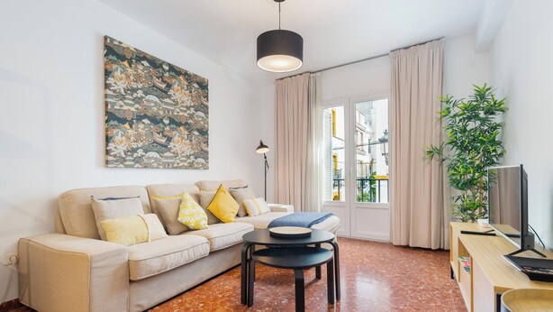 A living room with a sofa, a coffee table, a lamp, a TV, and a large plant. - MARA ARENAL. AMPLIO APARTAMENTO EN EL CENTRO DE SEVILLA IDEAL PARA FAMILIAS (Sevilla)