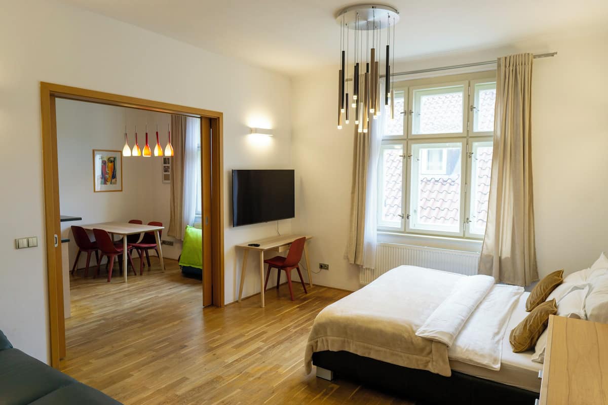 Lägenhet Deluxe - utsikt mot staden | 1 sovrum, mörkläggningsgardiner, strykjärn/strykbräda och gratis wi-fi