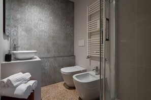Douche, séchoir à cheveux, bidet, serviettes fournies