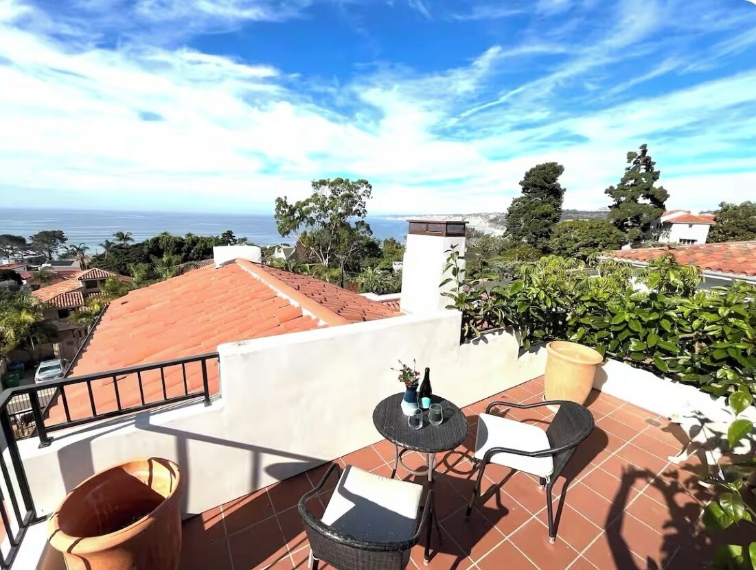 A terrace with a table and chairs, a potted plant, and a view of the sea.