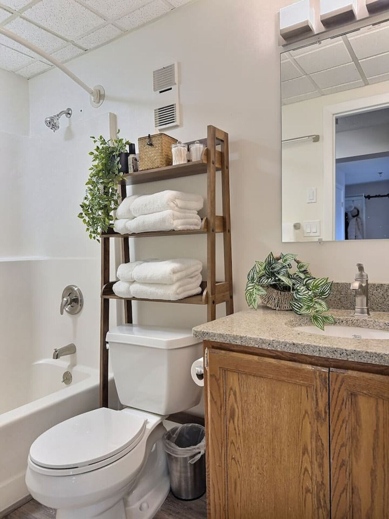 Un baño con inodoro, ducha, estante de madera con toallas, lavabo con espejo y planta en maceta.