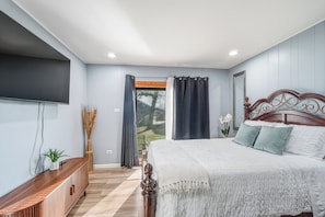 A bedroom with a bed, curtains, a TV, a plant, and a view of the outdoors.