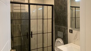 A modern bathroom with a glass shower enclosure, a toilet, and a white sink.
