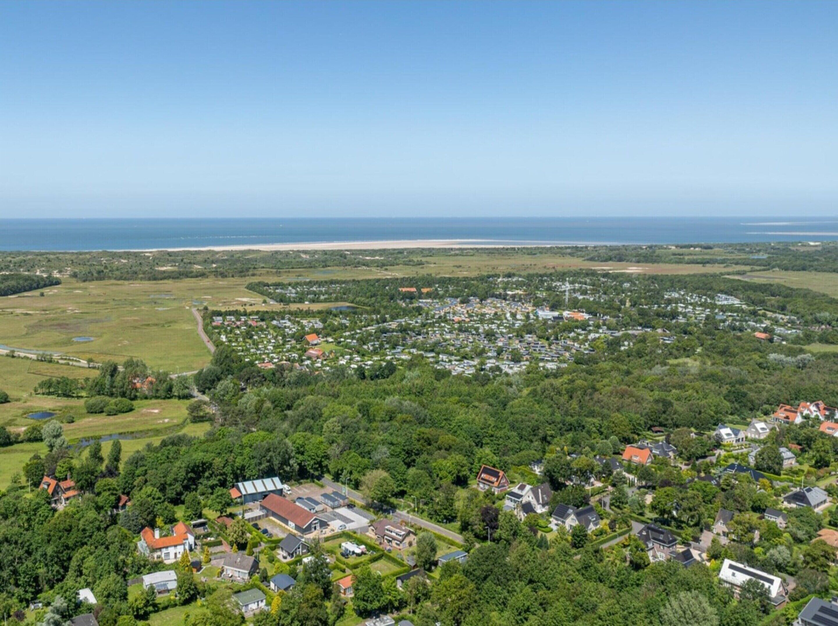 An aerial view of a residential area with houses, green spaces, and a beach in the distance.