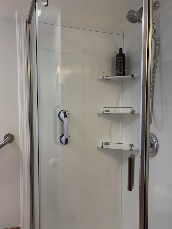 Shower, towels, soap, shampoo