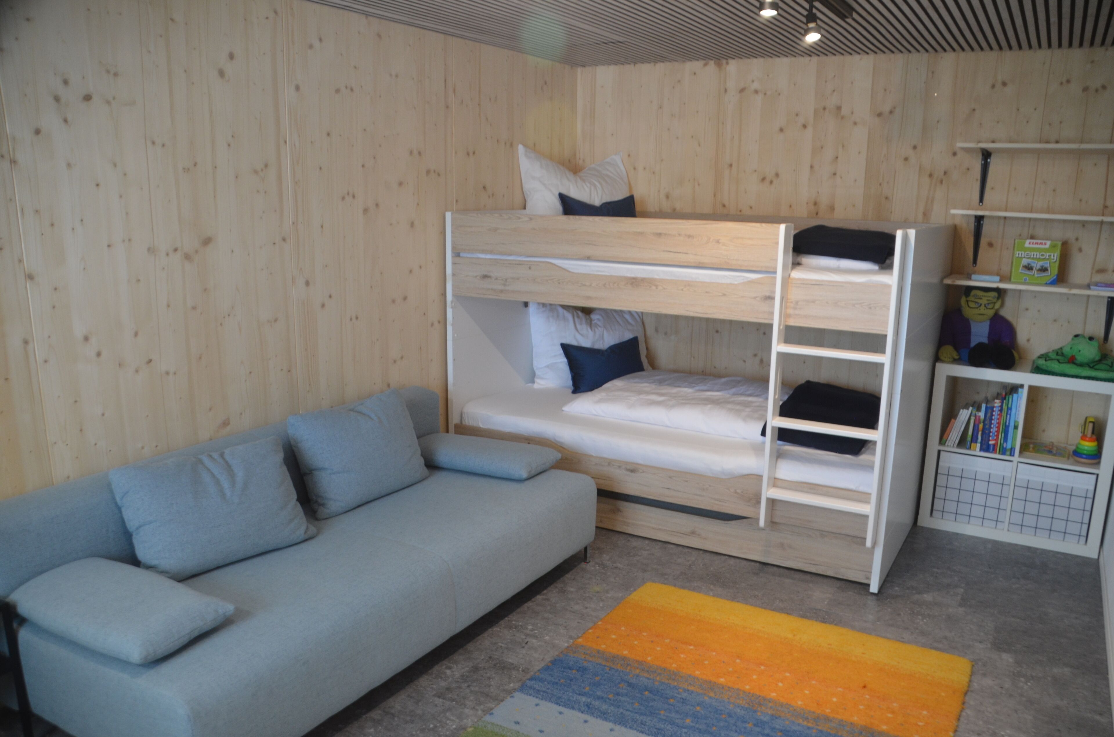 A bunk bed with pillows, a sofa, and a bookshelf with books and toys.