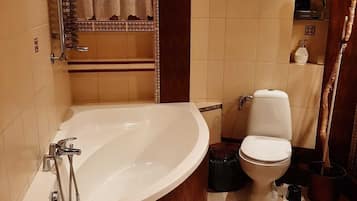 Hair dryer, towels, soap, toilet paper