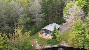 Una cabaña rodeada de un bosque frondoso, con terraza y zona de estar al aire libre.