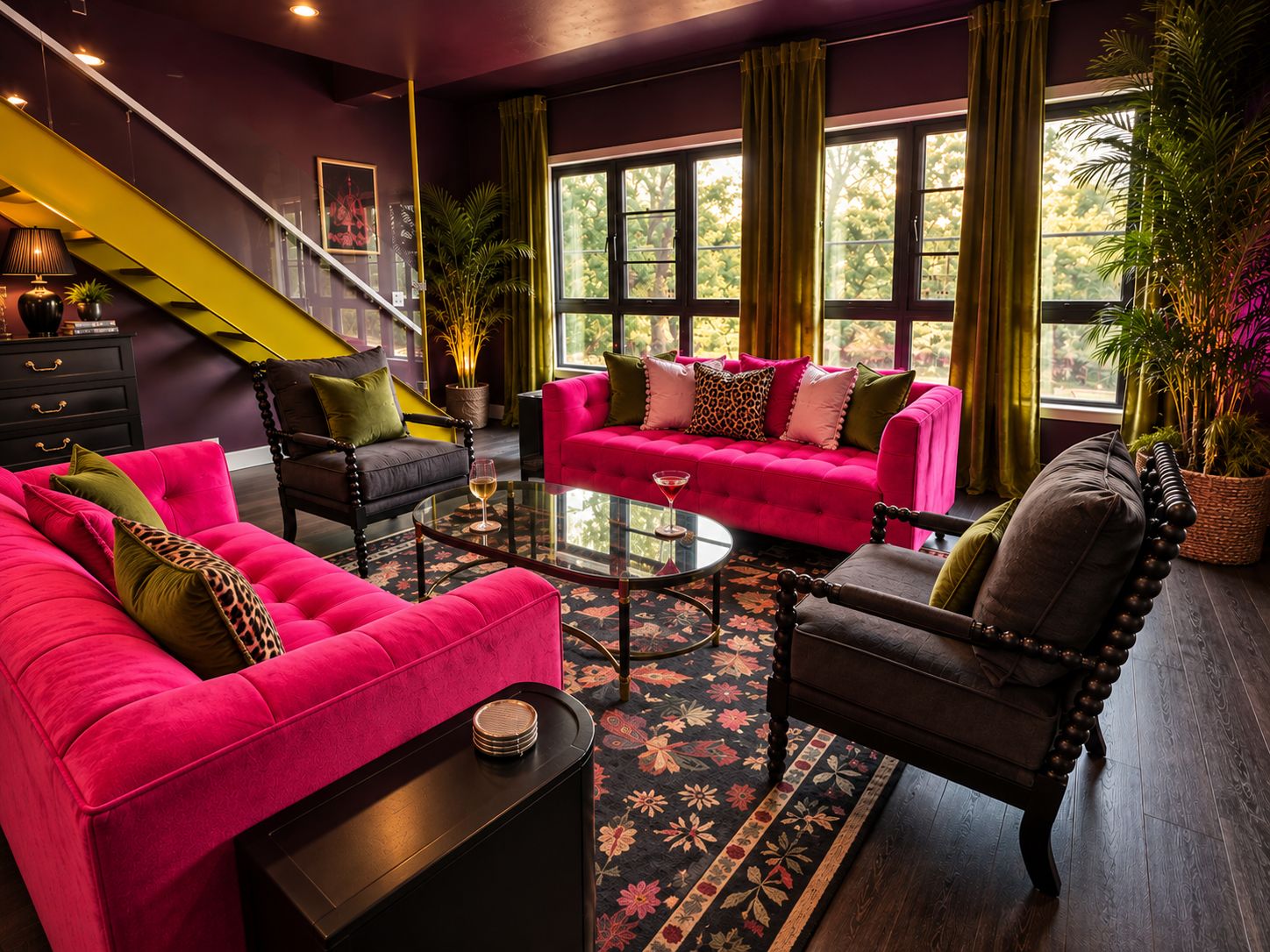 Una sala de estar moderna con una escalera, un conjunto de sofá rosa y una mesa de centro de vidrio.