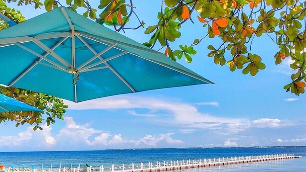 Een strand met helder uitzicht op de oceaan, een witte schutting en een blauwe parasol.