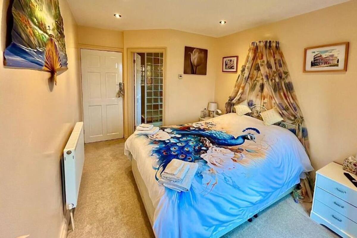 A bedroom with a large bed, a radiator, a door, and a nightstand with a lamp.
