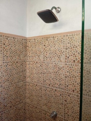 Chuveiro, secador de cabelo, toalhas de banho, sabonete