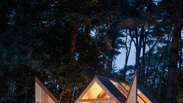 A cozy cabin with a large open door, a fire pit outside, and a person walking by.