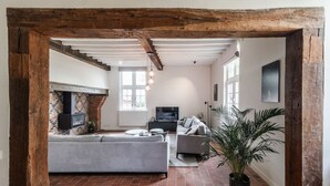 A living room with a brick fireplace, a grey sofa, a television, and a potted plant.