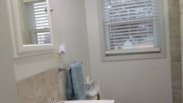 Hair dryer, towels, soap, toilet paper