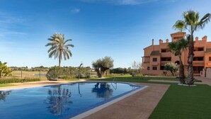 A swimming pool with a clear blue water surface, surrounded by a well-maintained lawn and palm trees.
