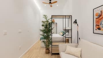 Een bureau, een strijkplank/strijkijzer, wifi, beddengoed