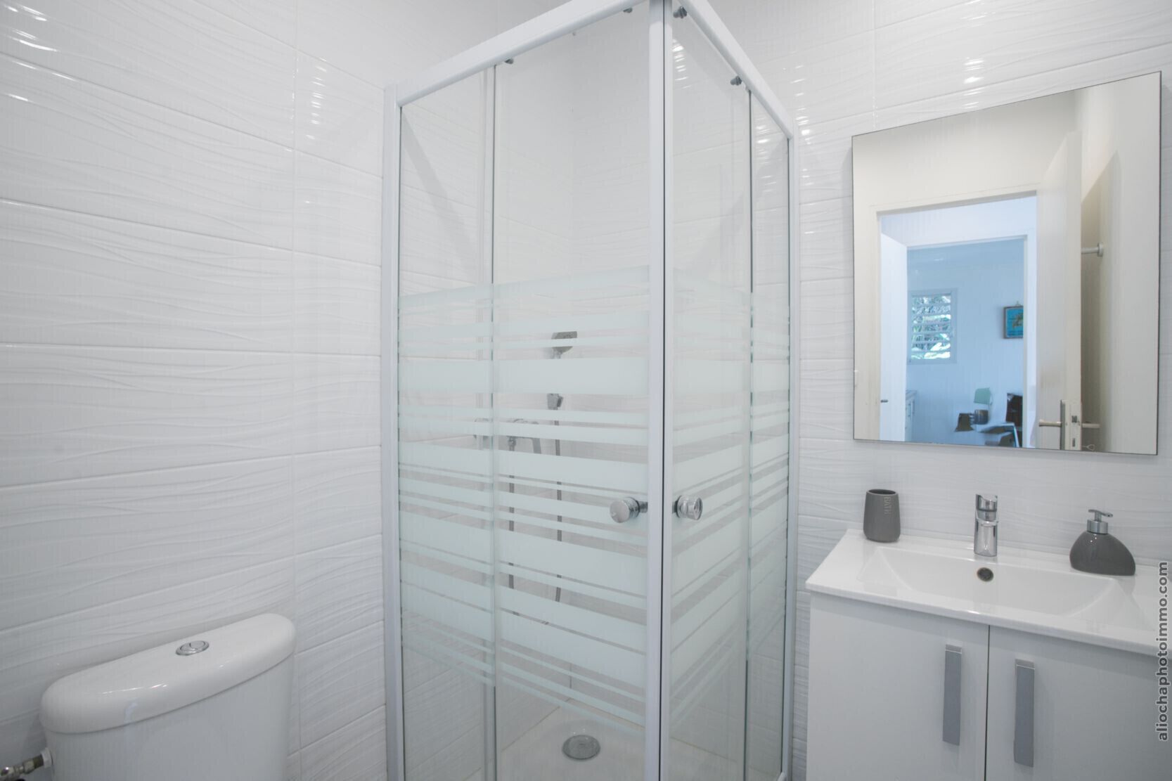 A modern bathroom with a glass shower enclosure, a white toilet, and a sink with a mirror above it.
