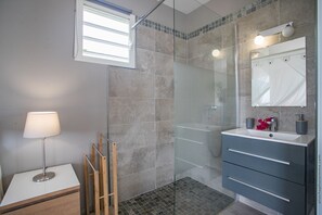 Shower, hair dryer, towels